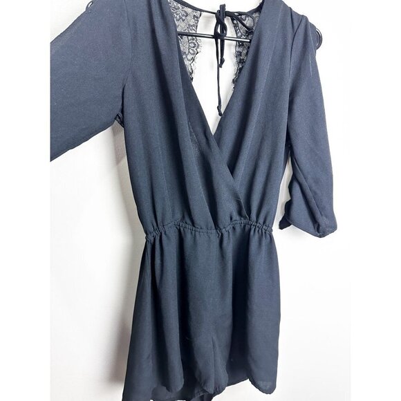 Bebop Lace Open Back Cold Shoulder V Neck Romper Jumpsuit Black Womens Small - Picture 4 of 8